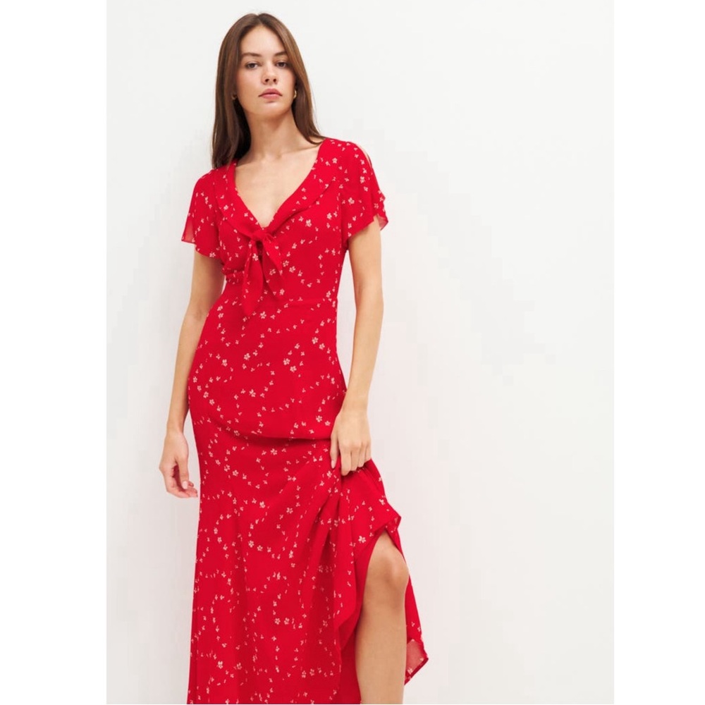 Reformation Talleen Floral Ruffle Maxi Dress in Fresno Red